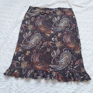 Vintage Orchid Brown Paisley Ruffled Hem Skirt 70's Vibe Boho Career